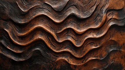 Poster - Textured wood panel with wave patterns in dark brown and burnt orange tones ideal for backgrounds and overlay designs Copy Space