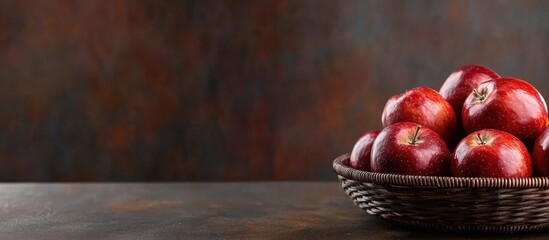 Poster - Fresh red apples in a woven basket on a wooden table with a textured dark background and copy space for text placement