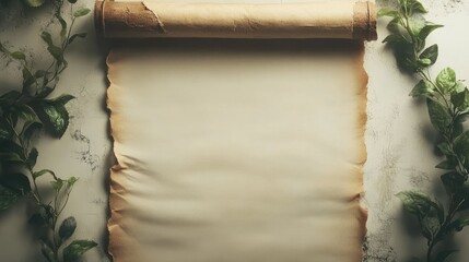 Poster - Aged scroll parchment with curled edges surrounded by green vines on textured background Copy Space