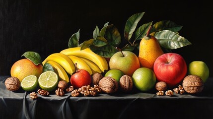 Poster - Colorful still life arrangement of assorted fruits including apples, pears, bananas, and limes on a dark background with copy space.