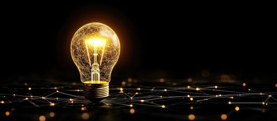 Poster - illuminated light bulb on dark background with abstract glowing connections and copy space for text