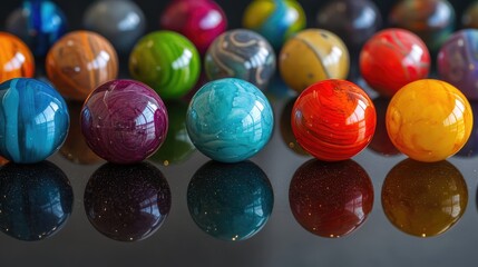 Poster - colorful marbles with swirling patterns arranged on a reflective surface with bright and vivid color