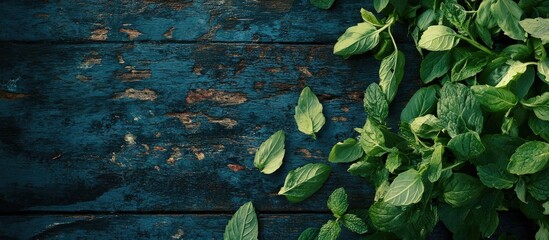 Poster - Fresh green mint leaves on a weathered blue wooden background with Copy Space for design placement.