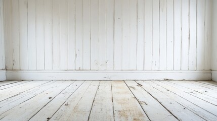 Poster - White wooden interior room with weathered floorboards and blank walls offering Copy Space for text placement.