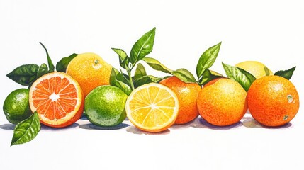 Poster - Realistic watercolor illustration of assorted citrus fruits including oranges, limes, and lemons with green leaves on a white background Copy Space
