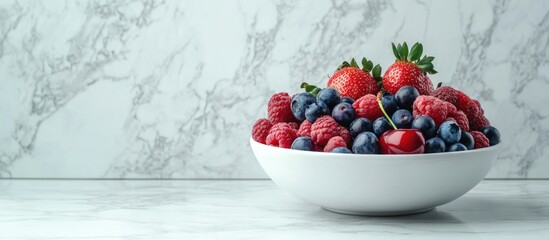 Poster - Bowl of fresh assorted berries including strawberries, raspberries, and blueberries on marble background with Copy Space