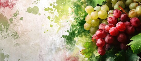 Poster - Fresh grapes in various colors with green leaves and a textured background featuring splashes of color and ample Copy Space.