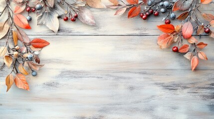 Poster - Autumn leaves and berries on rustic wooden background with Copy Space for text placement.