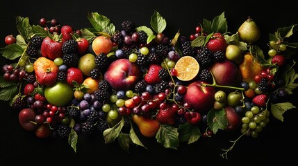 Poster - Colorful Assortment of Fresh Fruits and Berries with Green Leaves on Black Background Copy Space