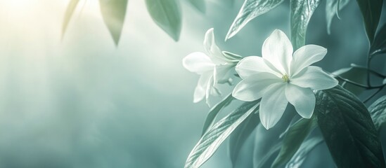 Poster - White jasmine flowers with green leaves and soft light background, nature close-up with Copy Space for text.