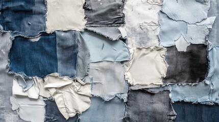 Poster - Colorful denim fabric patchwork texture with various shades of blue and white fabrics displayed on a flat surface with Copy Space.