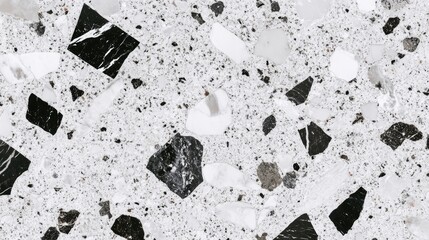 Poster - Black and white terrazzo texture with various shapes and sizes of stones and aggregates on a light background Copy Space