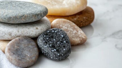 Poster - Smooth multicolored pebbles stacked on a reflective surface with soft lighting and Copy Space for text placement