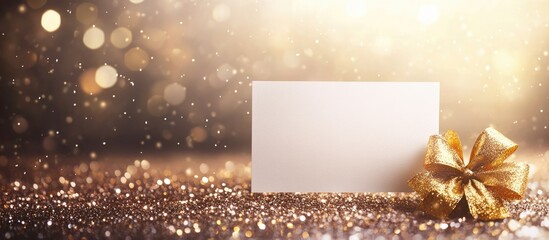 Poster - Blank Greeting Card with Golden Ribbon on Shimmering Background with Bokeh Effect and Copy Space for Text