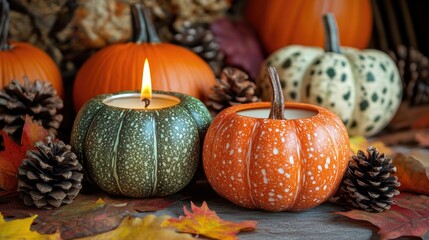 Poster - Pumpkin-shaped candles amidst autumn leaves and decorative pumpkins with pine cones in a warm setting Copy Space