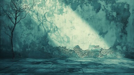 Poster - Grungy textured wall with shadows and a solitary tree casting shadows on the cracked surface with copy space for text placement