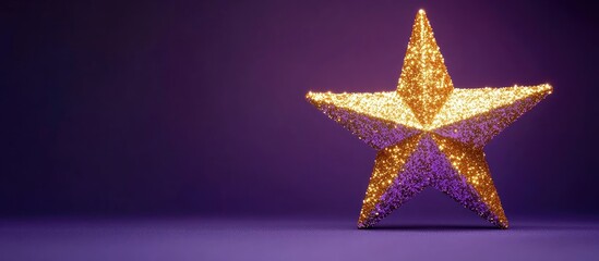 Poster - golden glitter star on purple background with copy space