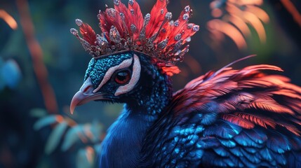 Poster - Royal peacock with ornate crown in vibrant setting showcasing detailed feathers and colors Copy Space