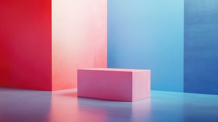 Aufkleber - Abstract geometric composition featuring a pink block against vibrant red and blue walls with gradient lighting Copy Space.