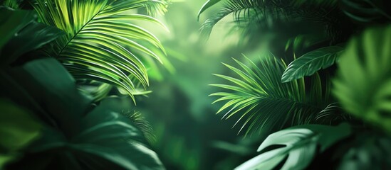Poster - Lush green foliage background with soft bokeh effect in a tropical jungle setting Copy Space