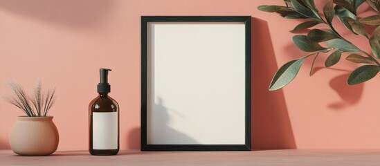Poster - Modern still life composition featuring a blank picture frame, amber glass bottle, small plant, and green leaves on a peach background with Copy Space