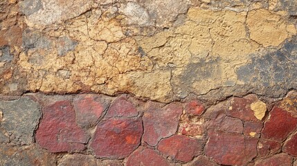 Poster - Textured wall surface featuring cracked and peeling paint in earthy tones of yellow, red, and brown with Copy Space for text placement.