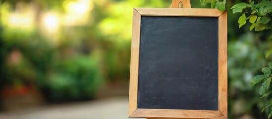 Poster - Wooden framed chalkboard with blank surface in a blurred green outdoor background with natural light Copy Space