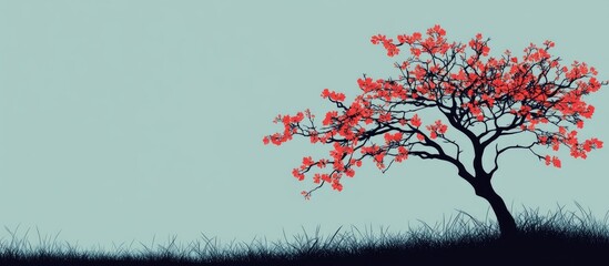 Poster - Abstract illustration of a stylized tree with red blossoms against a soft blue background featuring ample Copy Space for text placement.