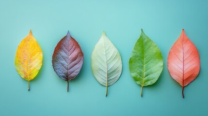 Poster - Colorful gradient leaves on a turquoise background with copy space for text, showcasing autumn colors and natural textures.
