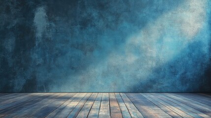 Poster - Textured blue wall with wooden floor and dramatic lighting Copy Space