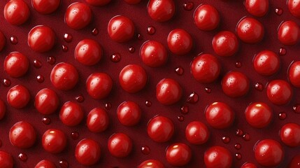 Poster - Close-up of red glossy spheres on a dark background with droplets of liquid creating a vivid texture Copy Space