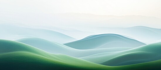Poster - Abstract landscape view with soft rolling green hills under a light misty sky Copy Space for text placement