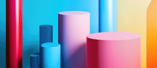 Poster - Geometric abstract composition of colorful cylindrical shapes on a vibrant gradient background with Copy Space for text placement