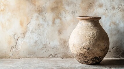Poster - Antique pottery jar on textured wall background with ample copy space for design elements