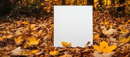 Poster - Blank white canvas on a forest floor covered with autumn leaves in vibrant yellow and orange hues with Copy Space for text.