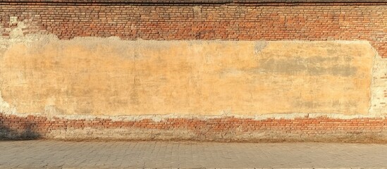 Poster - Empty brick wall with faded yellow paint and visible texture showing signs of wear and age ideal for exhibit or design Copy Space