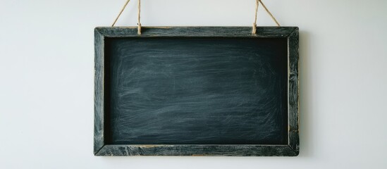 Poster - Chalkboard with rustic wooden frame hanging on wall with neutral background ideal for text placement Copy Space
