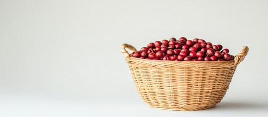 Poster - Basket filled with red fruits on a light background with ample Copy Space for text placement