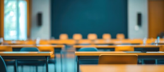 Poster - Modern classroom interior with wooden desks and chairs arranged in rows, Copy Space available for text insertion.