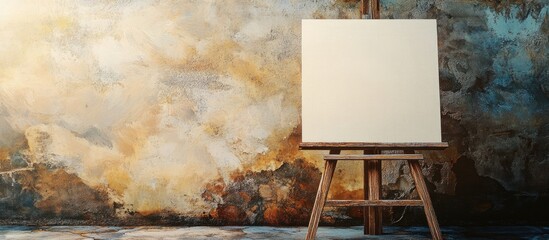 Poster - Blank canvas on wooden easel against textured abstract background with copy space for creativity and artistic projects