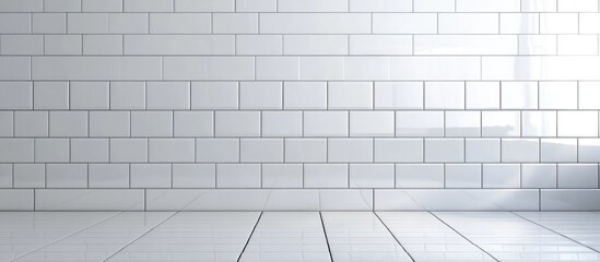 Poster - White subway tile wall and floor interior with copy space for text placement