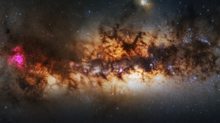 Poster - Dramatic view of a distant galaxy showcasing vibrant colors and star clusters against a dark cosmic background with Copy Space