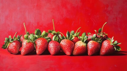 Poster - Fresh ripe strawberries arranged in a row on a vibrant red background with copy space for text.