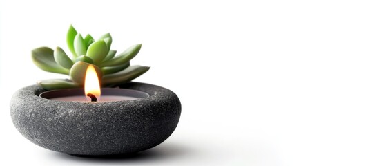 Poster - Succulent plant in a stone candle holder with lit candle on white background Copy Space