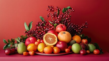 Poster - Fresh assortment of assorted fruits with vibrant colors and red backdrop featuring apples oranges pears and decorative berries with copy space