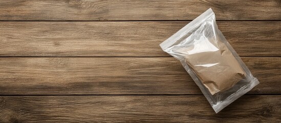 Poster - Brown packet in transparent plastic wrap on wooden tabletop with copy space for text or design elements