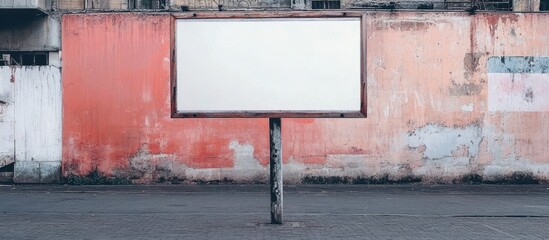 Poster - Blank billboard on a weathered urban wall with copy space for advertising or text placement. Background features faded paint and concrete.