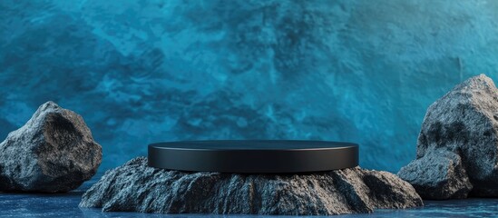 Poster - Black circular podium on rocky surface with blue textured background and copy space for product display or branding.
