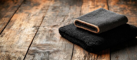 Poster - Two folded towels in black and gray colors placed on a rustic wooden surface with Copy Space for text insertion