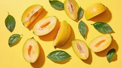 Poster - Fresh ripe cantaloupe slices arranged with green leaves on a vibrant yellow background Copy Space